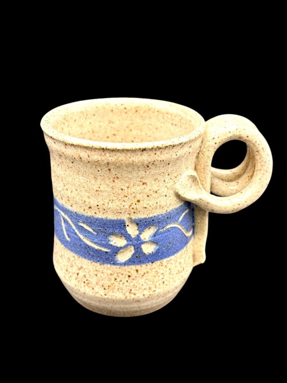 Signed Handmade Studio Pottery Mug Blue Floral Stoneware Artisan Coffee Cup 4" - Picture 3 of 10